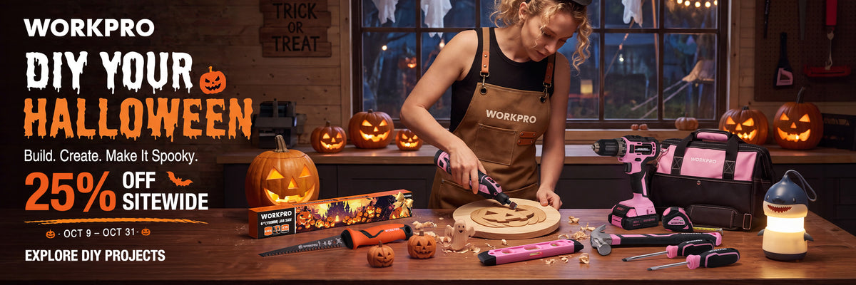 Workpro Halloween workshop scene with a person carving a pumpkin beside tools, pumpkins, and a glowing lantern
