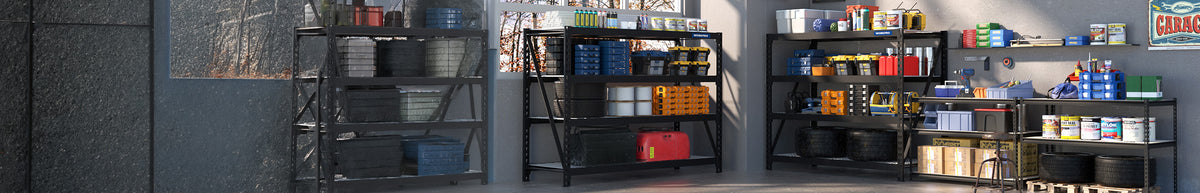 Garage storage shelves holding labeled bins, tools, bottles, and containers against a dark wall