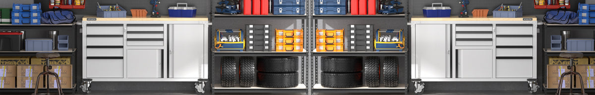 Industrial tool storage cabinets with drawers and blue, red, and gray compartments arranged in a workshop