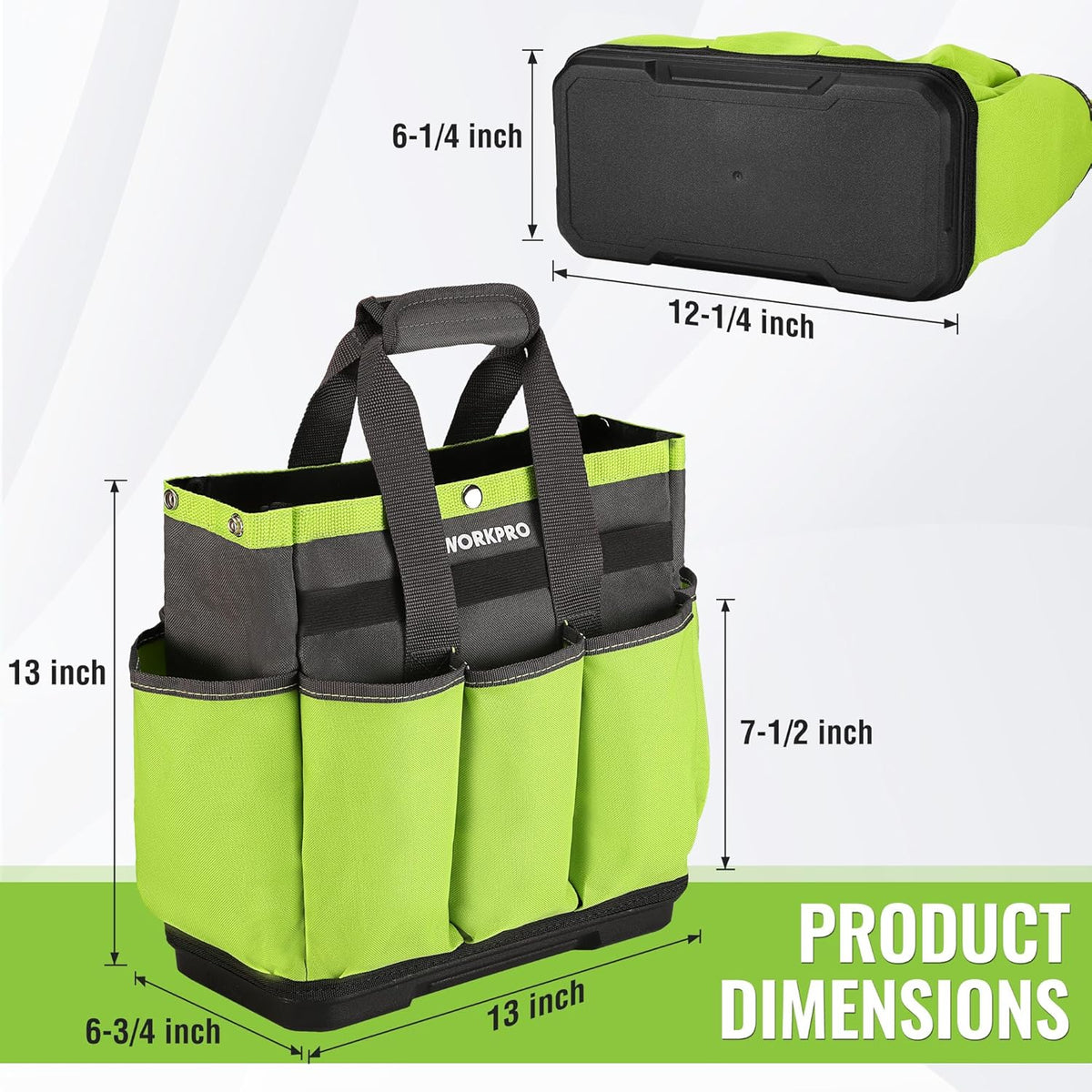 Green and black garden tool tote with eight pockets and reinforced waterproof base.