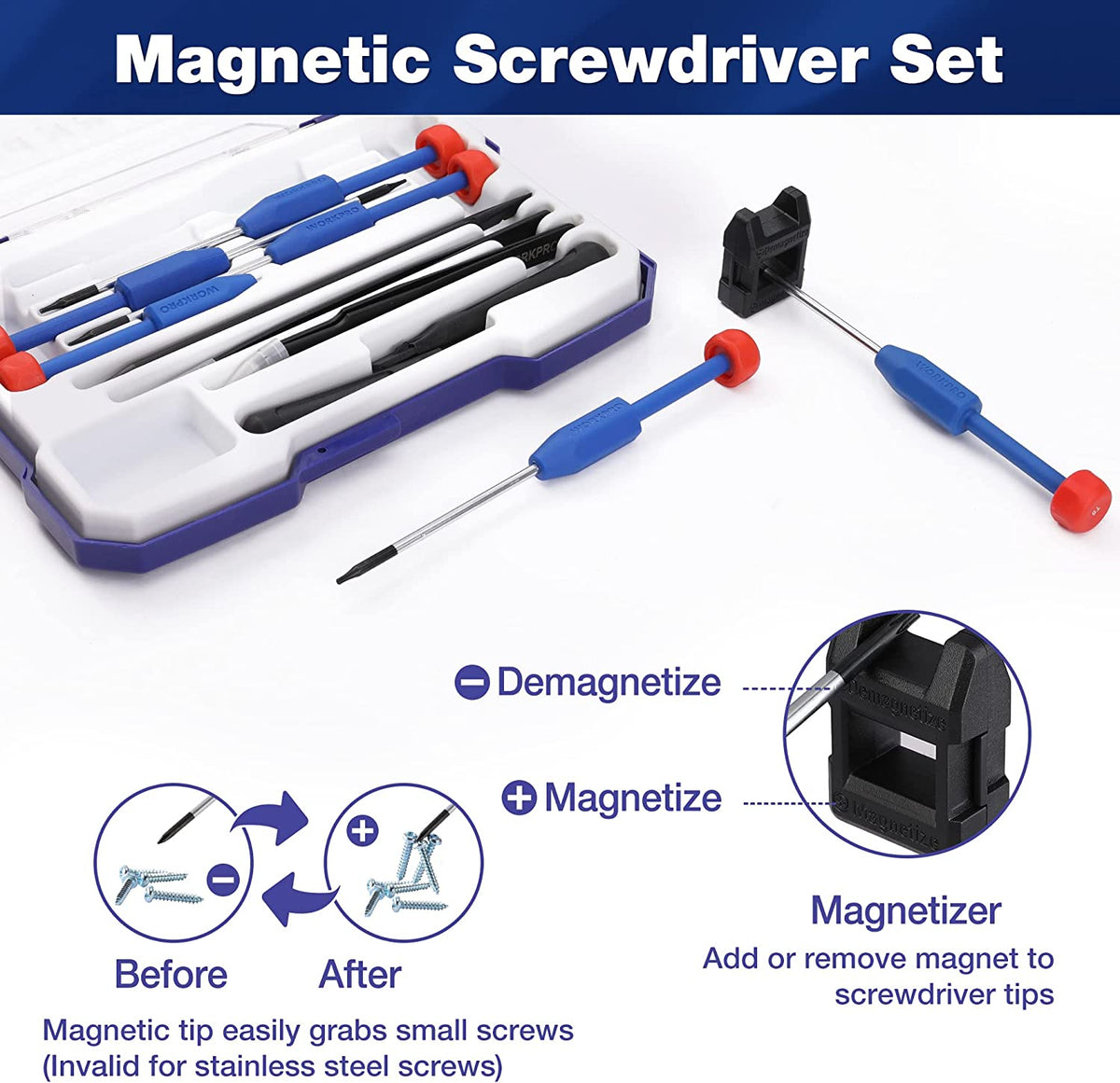 Magnetic screwdriver bit set in blue-trimmed case with long Torx drivers and bits