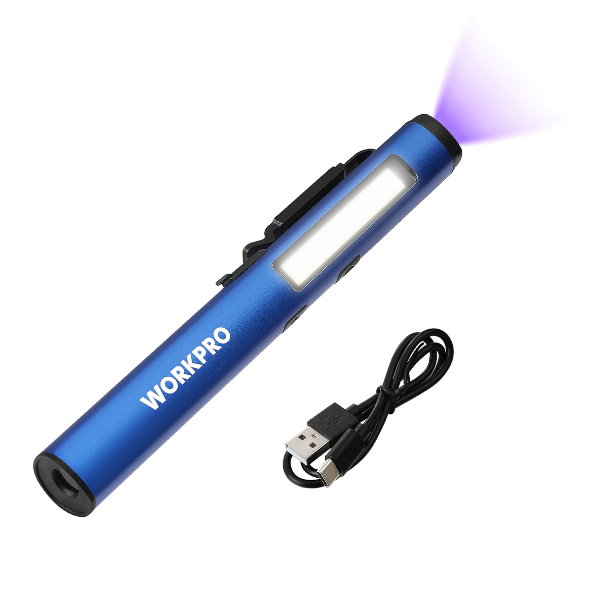 Workpro LED pen light with UV flashlight in blue, featuring adjustable brightness and a USB charging cable