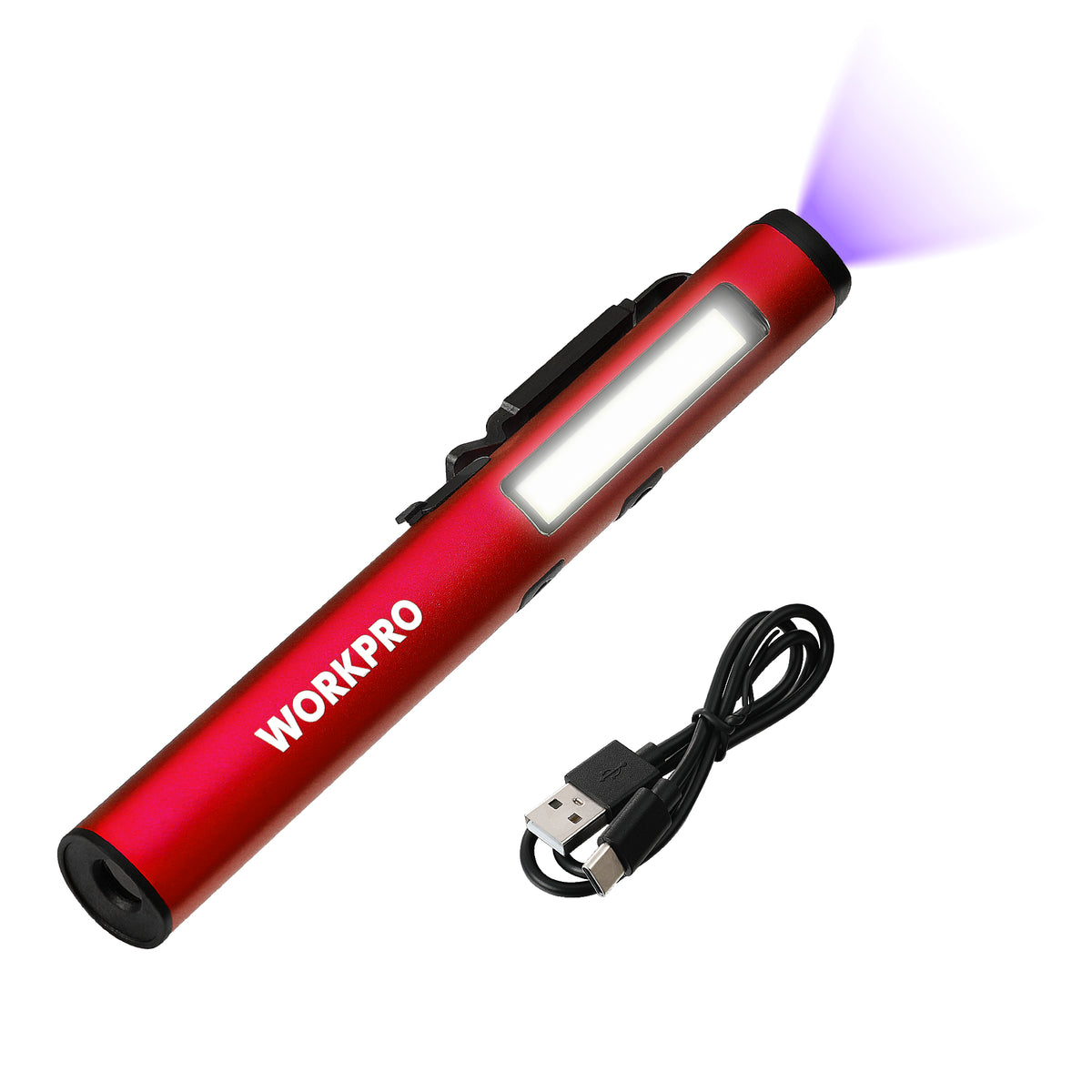 Workpro LED pen light with UV flashlight in red, featuring a 120 lumen LED spotlight and USB charging cable