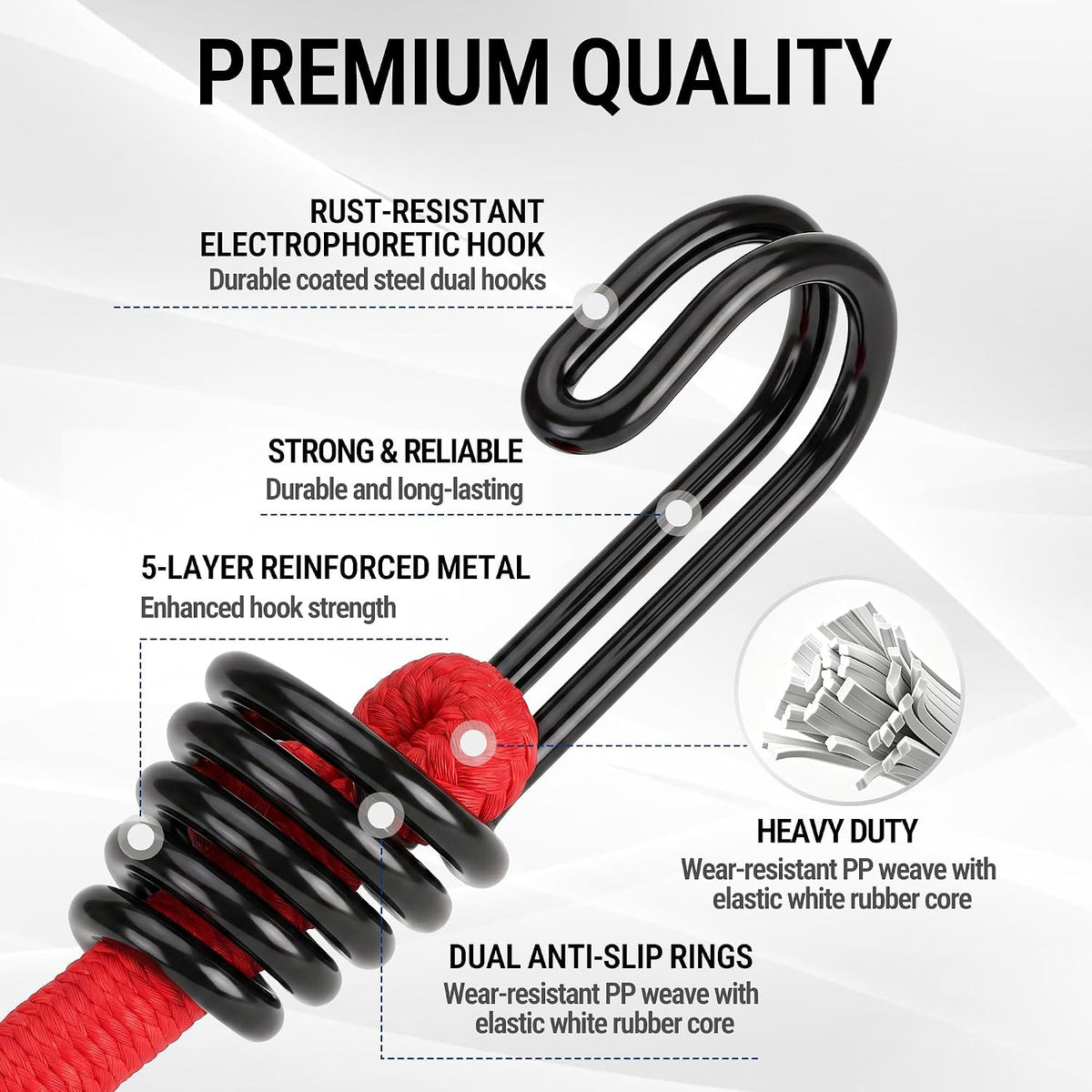 Workpro 24 inch bungee cords with hooks in red, reinforced spiral design with double metal rings for durable cargo securing.