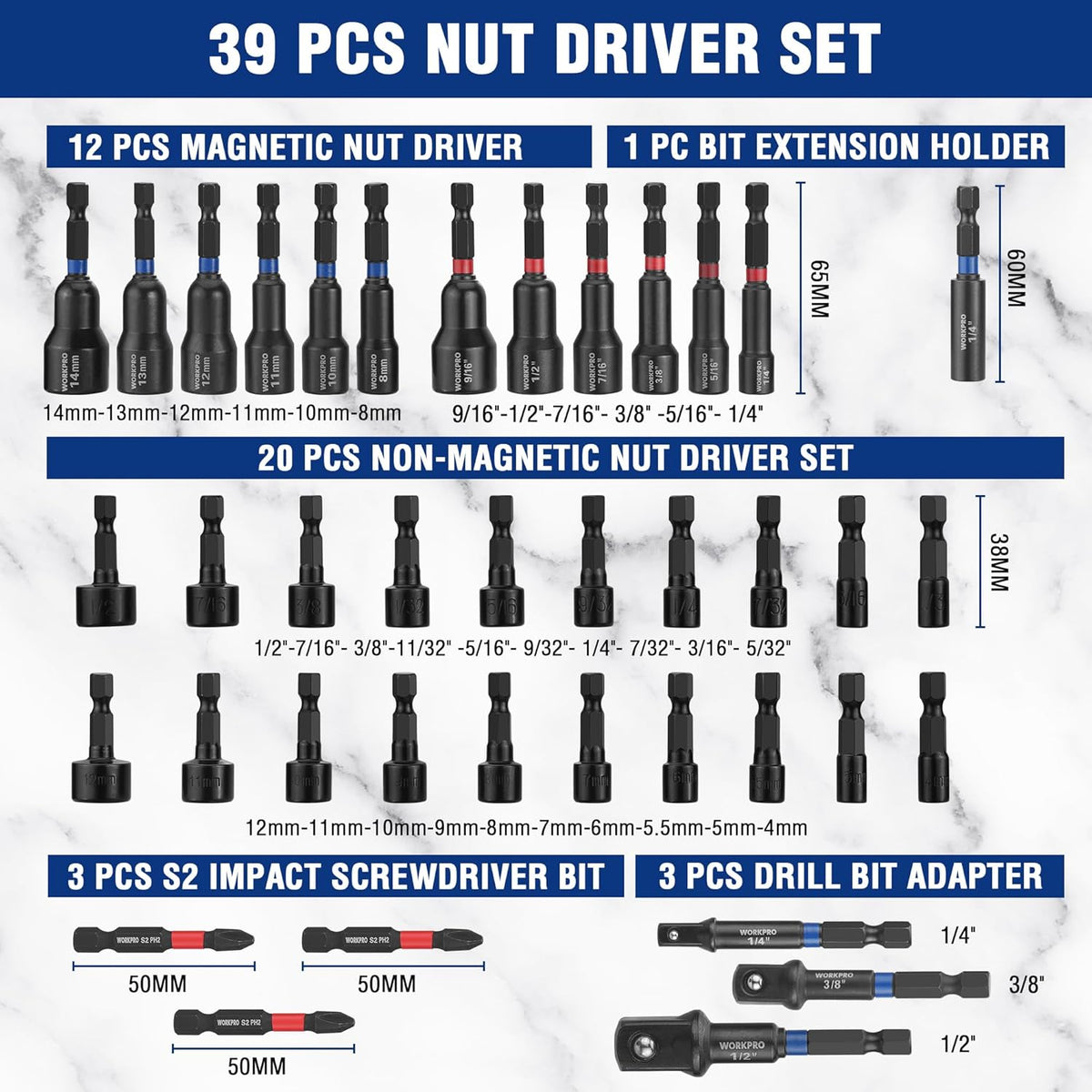 39-piece magnetic nut driver bit set with hex shank power drivers and socket adapters