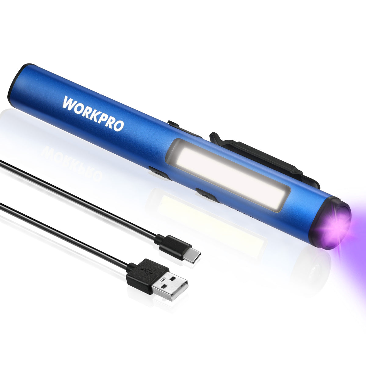 Workpro LED pen light with UV flashlight in blue, shown with USB cable for automotive leak and indoor stain detection.