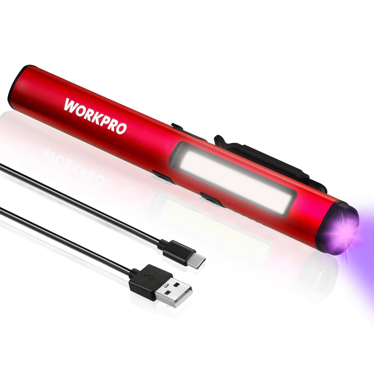 Workpro LED pen light with UV flashlight in red, featuring a side panel and 120 lumen LED spotlight with USB cable