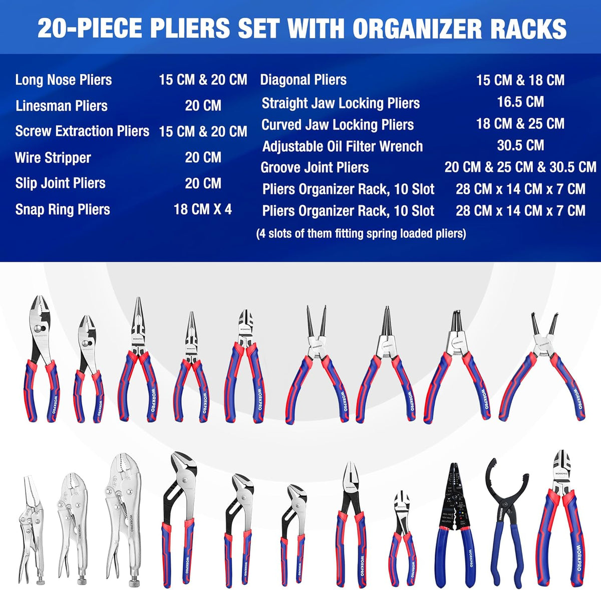20-piece pliers set with red and blue insulated handles, shown in a full lineup