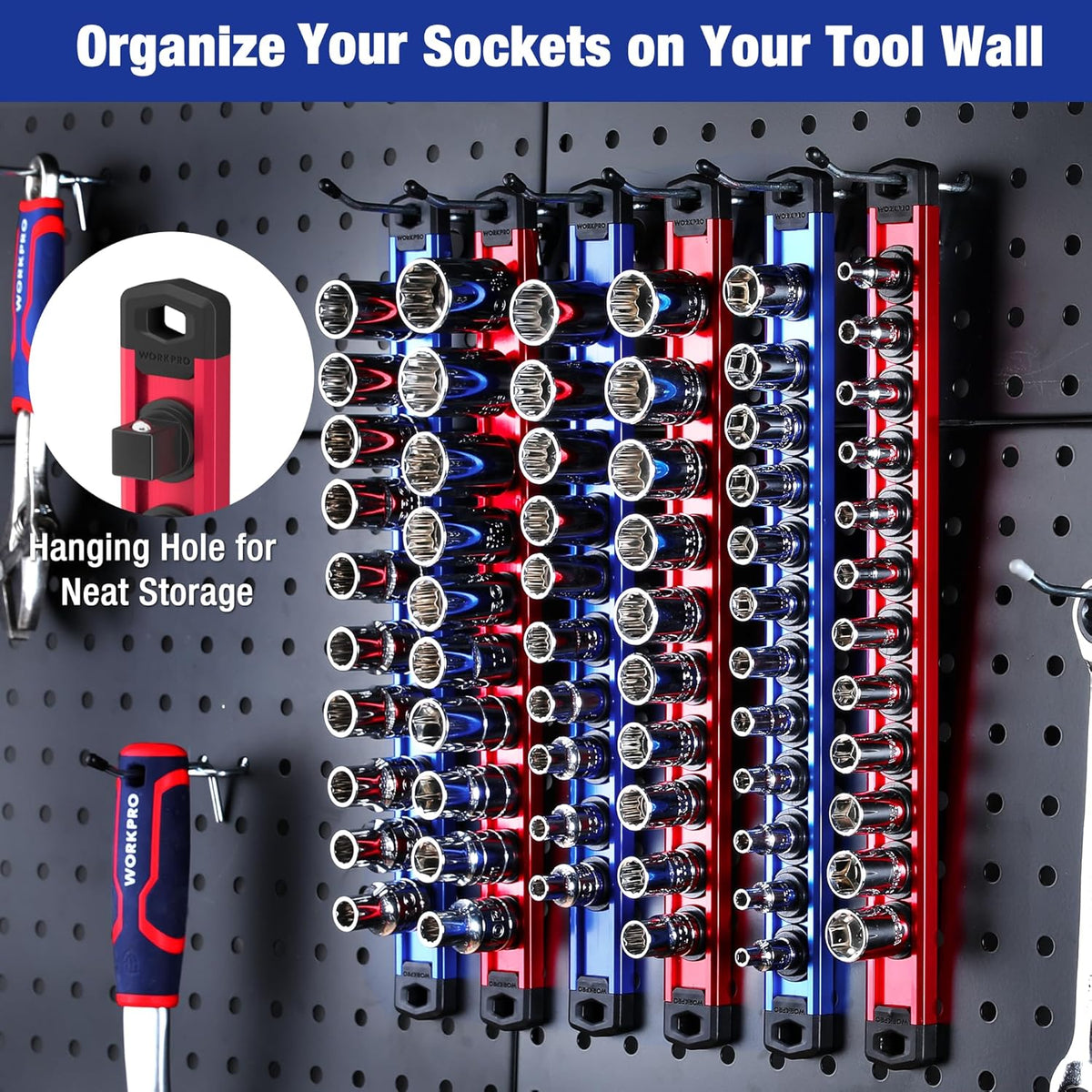 Mounted socket organizer on pegboard with blue and red rails holding sockets