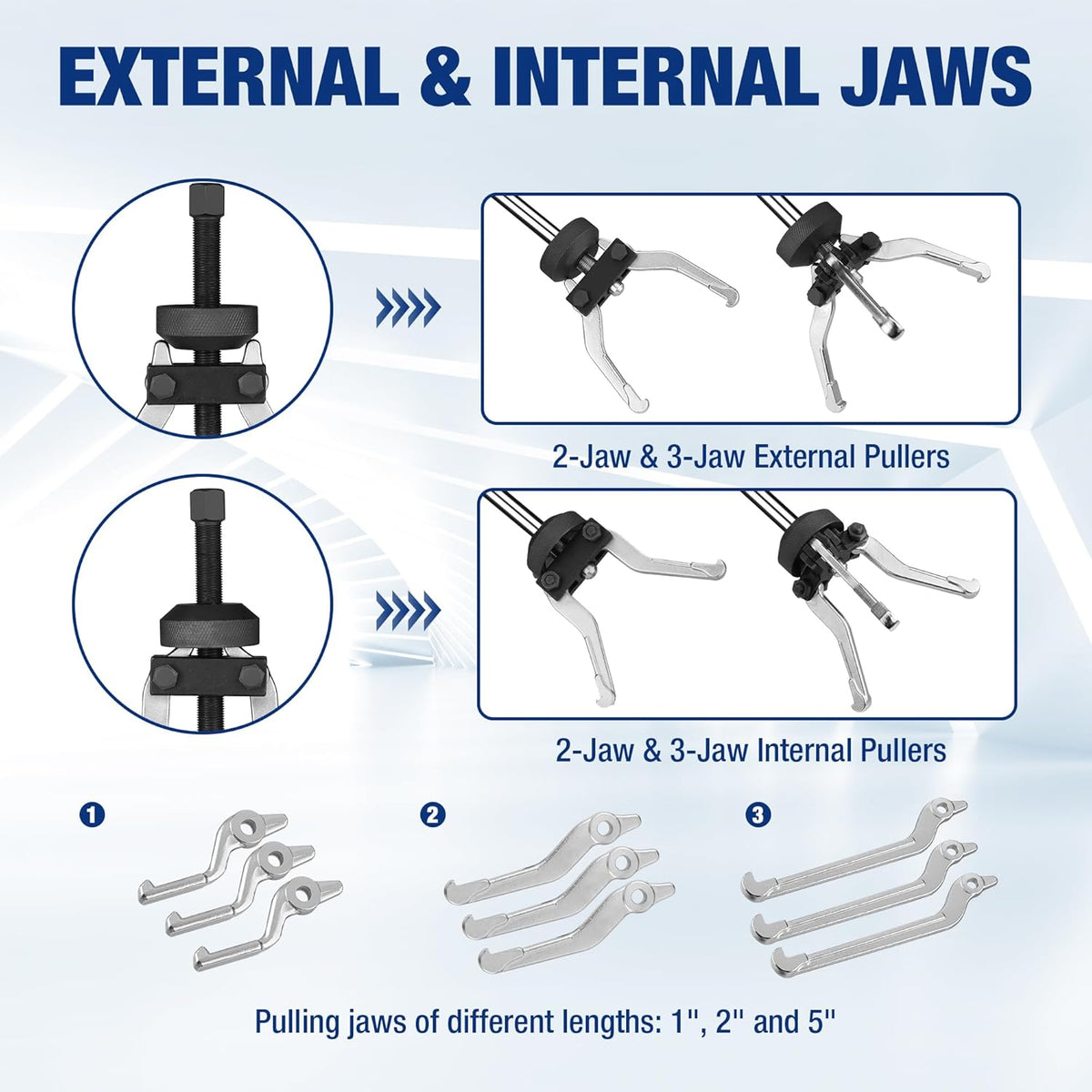 2-jaw and 3-jaw external and internal pullers with different jaw lengths