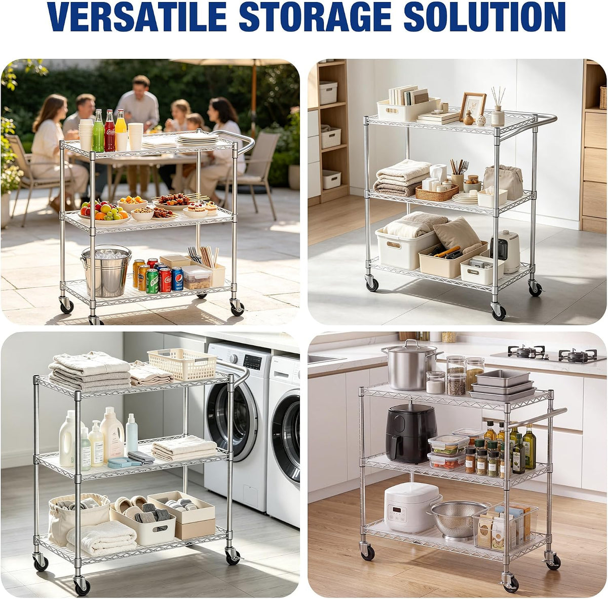 Workpro 40 inch three-tier utility cart in silver with rolling casters and wire shelving for organized storage.