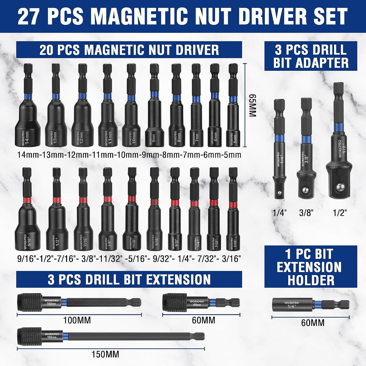 Magnetic nut driver set with multiple impact bits, adapters, and extensions in a kit