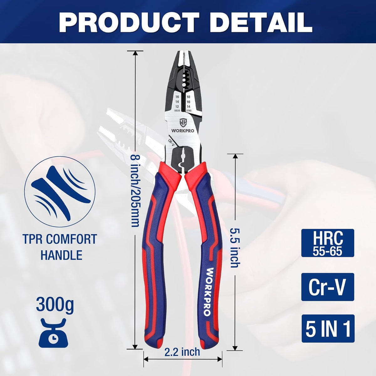 8-inch combination lineman pliers with red-and-blue insulated handles and steel jaws