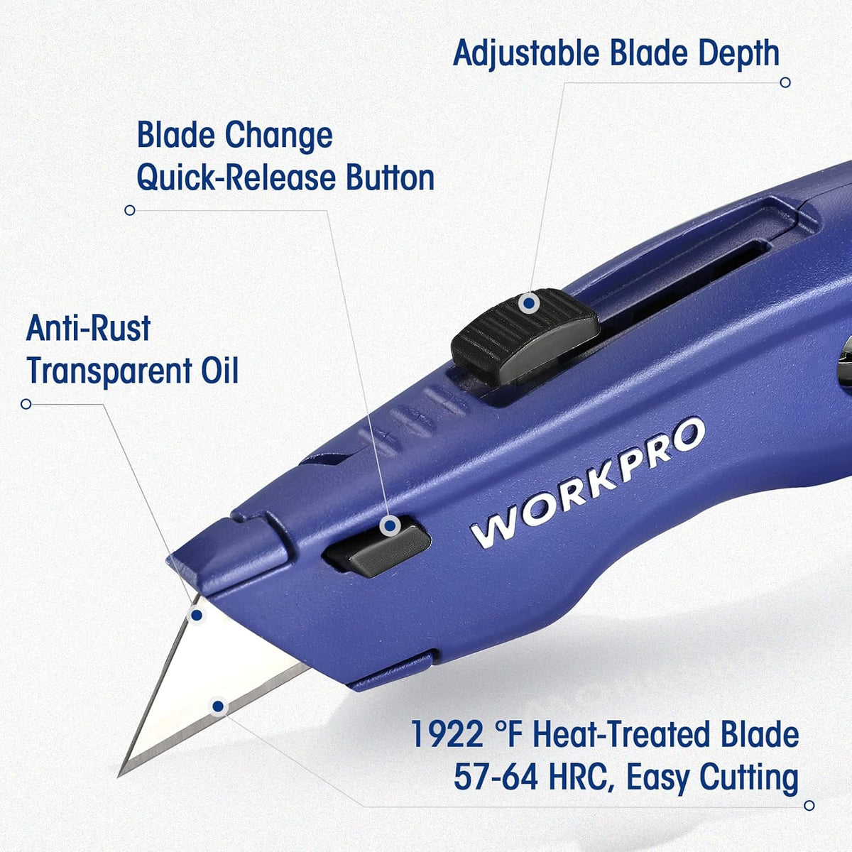 WORKPRO blue retractable utility knife with adjustable blade depth and quick-release button