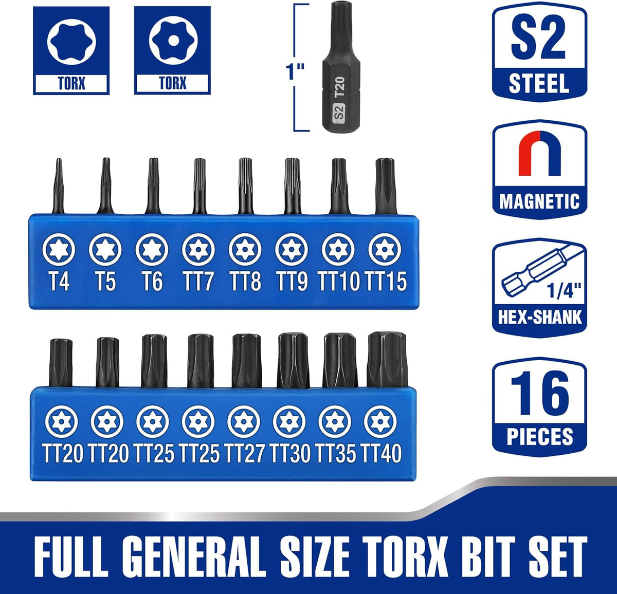 Security Torx bit set with magnetic black bits and blue storage insert, sizes T4–T15