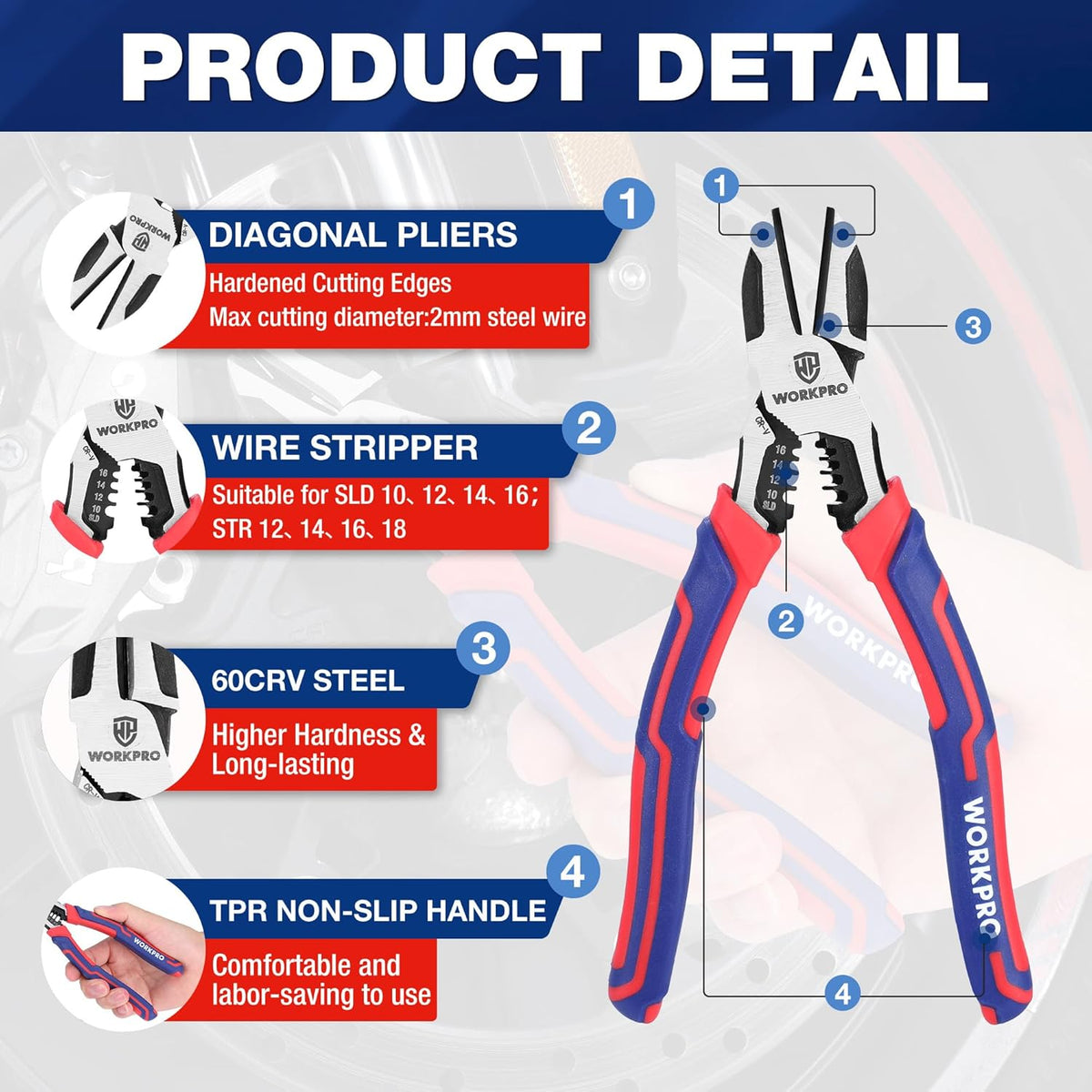 WORKPRO 2-in-1 diagonal cutting pliers with wire stripper, red and blue comfort grip