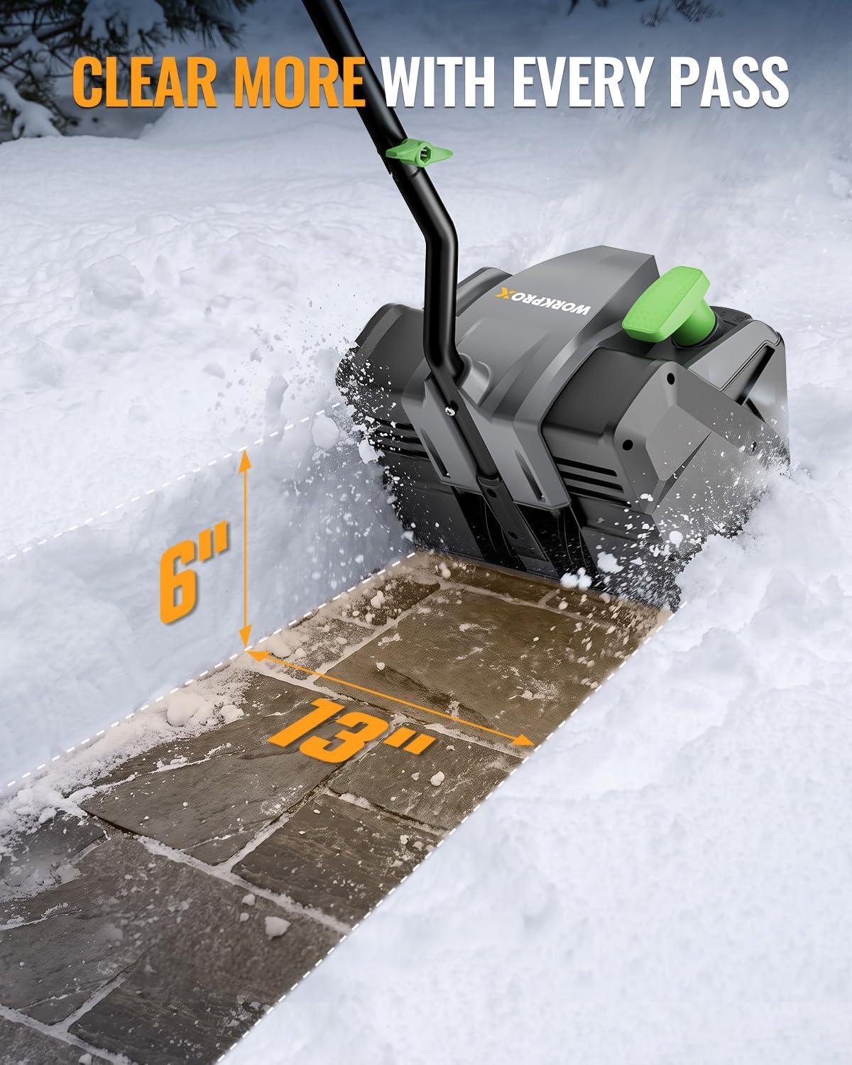Workprox cordless snow shovel, 13 inch, in black and green with a 6 inch clearing depth for walkways and driveways