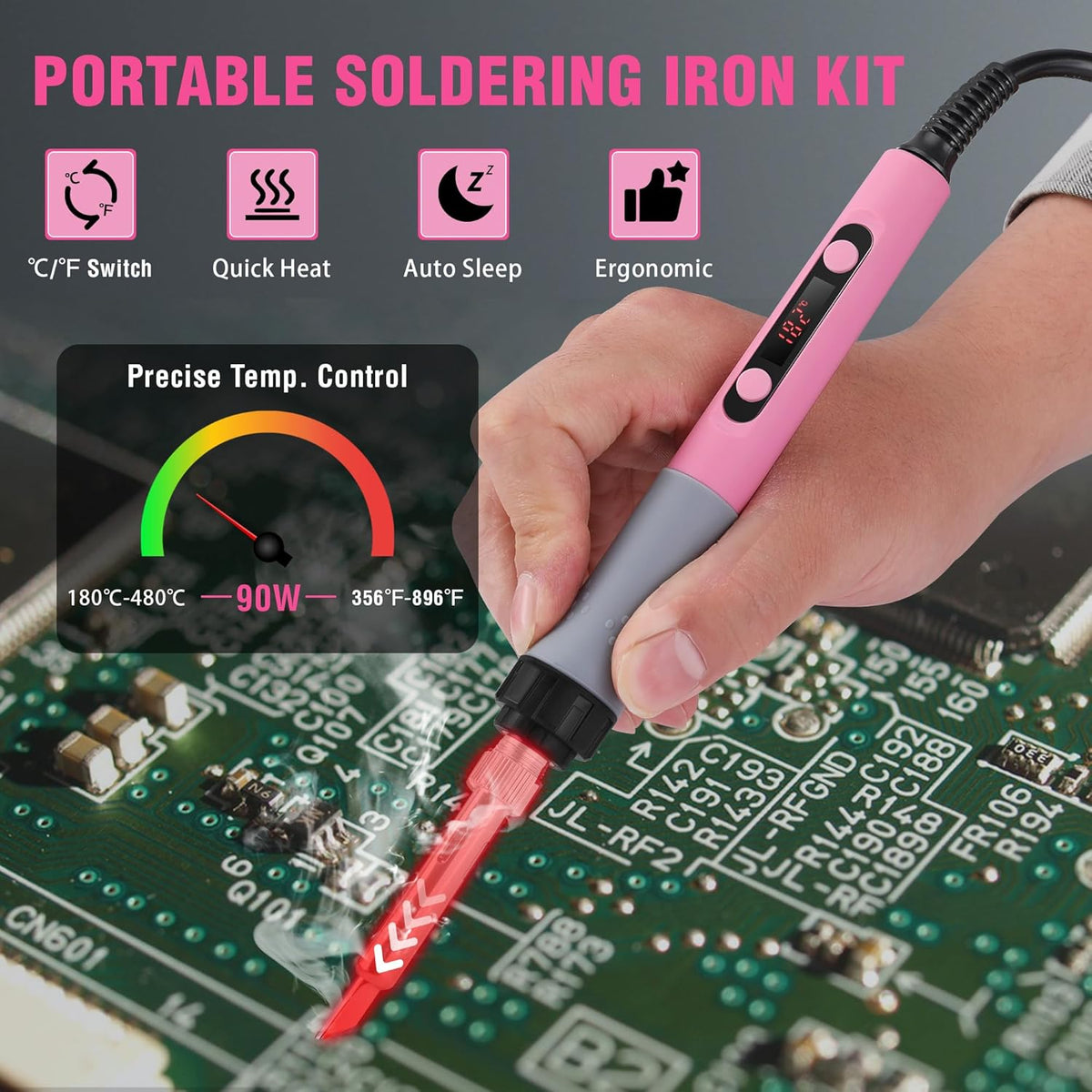 Pink soldering iron gun with soldering tip in hand, used on a circuit board