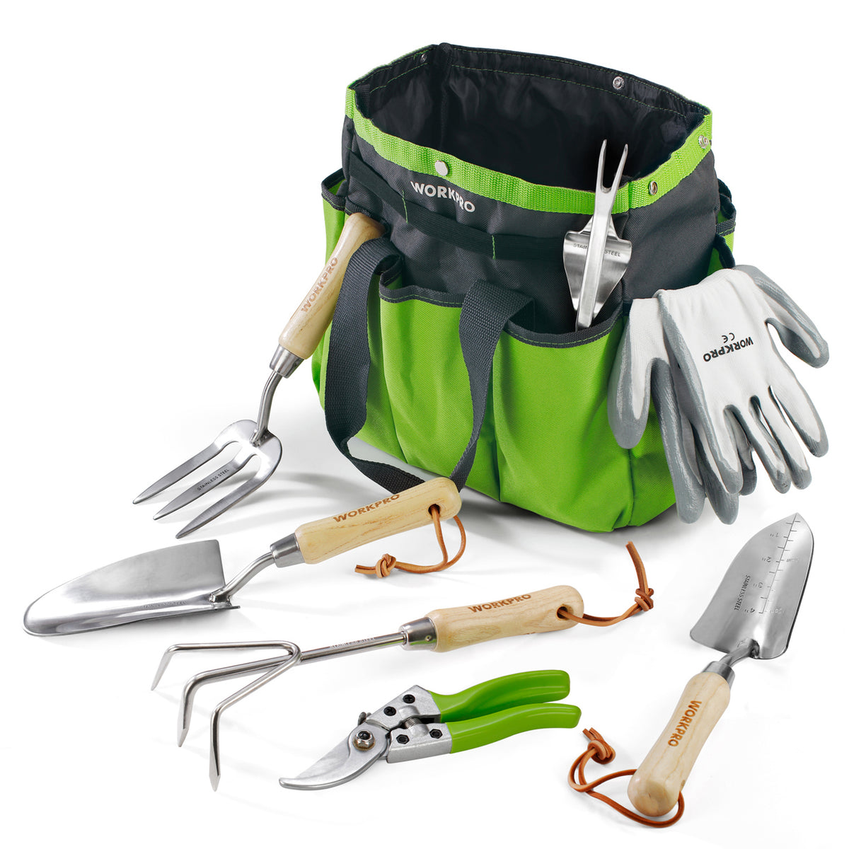 Workpro 8 piece stainless steel heavy duty garden tool set in green and black with a 12 inch by 12 inch by 6 inch storage