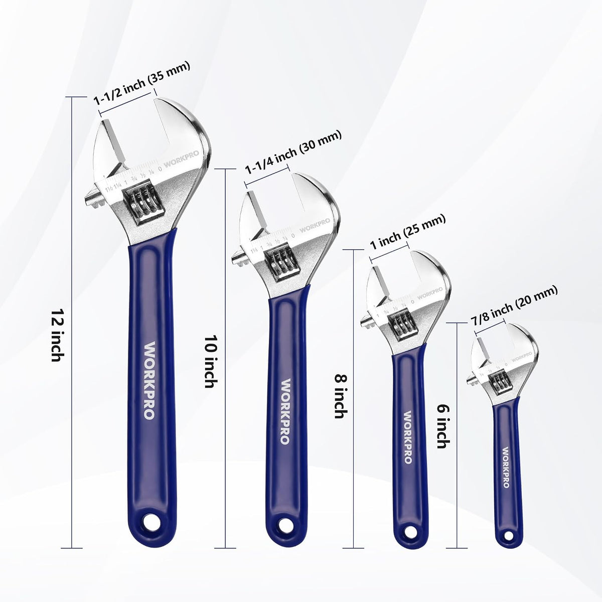 Adjustable wide-jaw wrench set with blue rubber grip and dual SAE/metric scales.