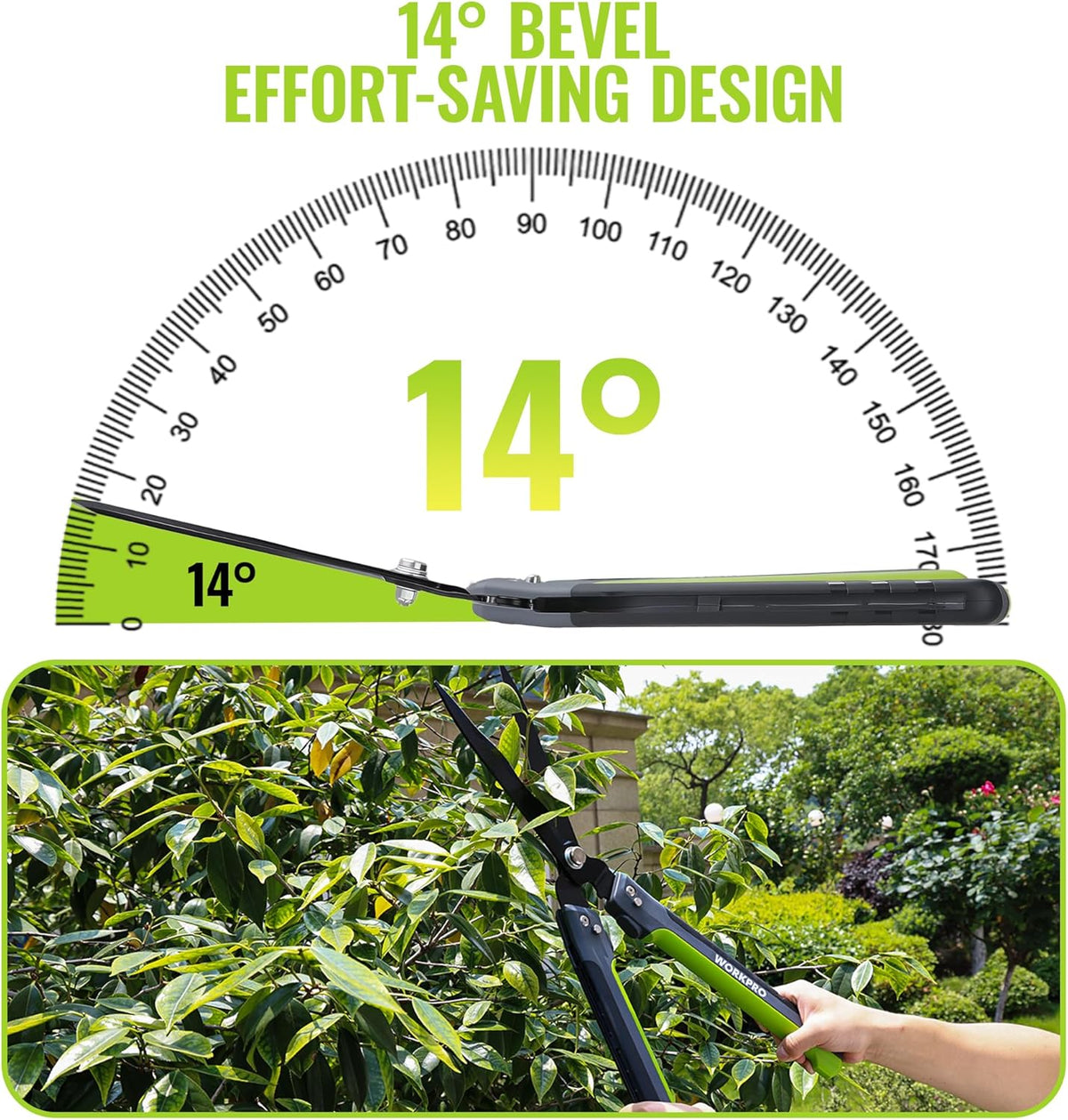 Hedge shears with black wavy blade and 14° bevel cutting edge