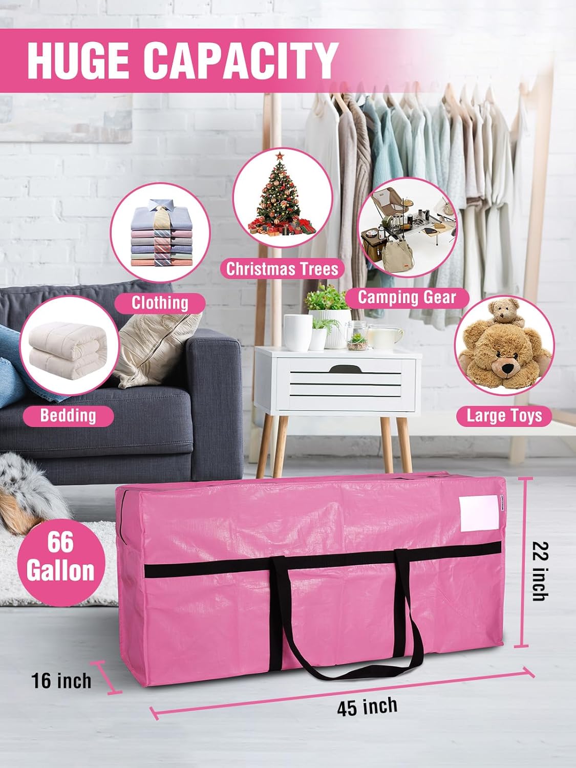 Pink storage tote set with zip closures, wide handles, and large rectangular shape.