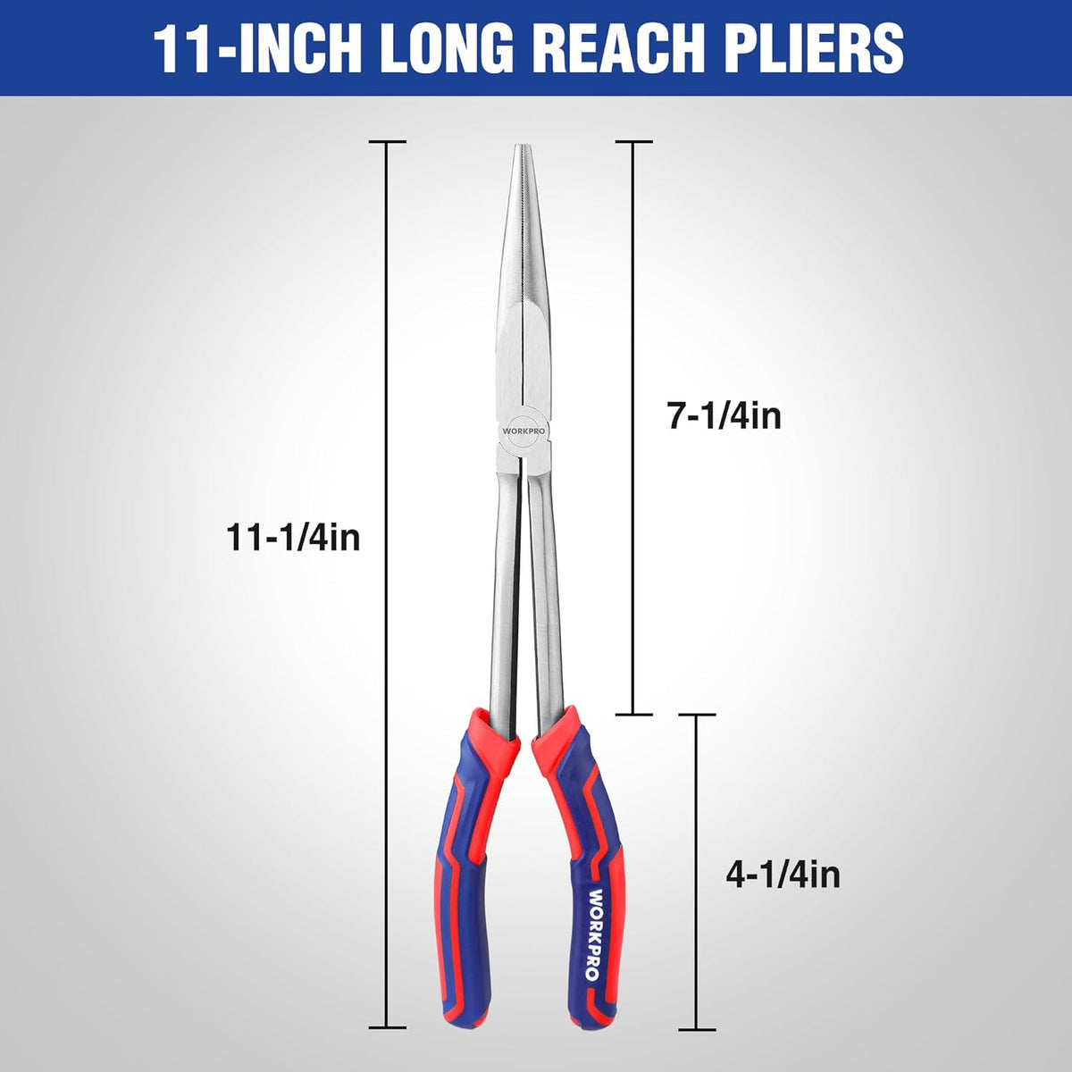 11-inch extra long needle nose pliers with slim tapered tips and soft grip handles
