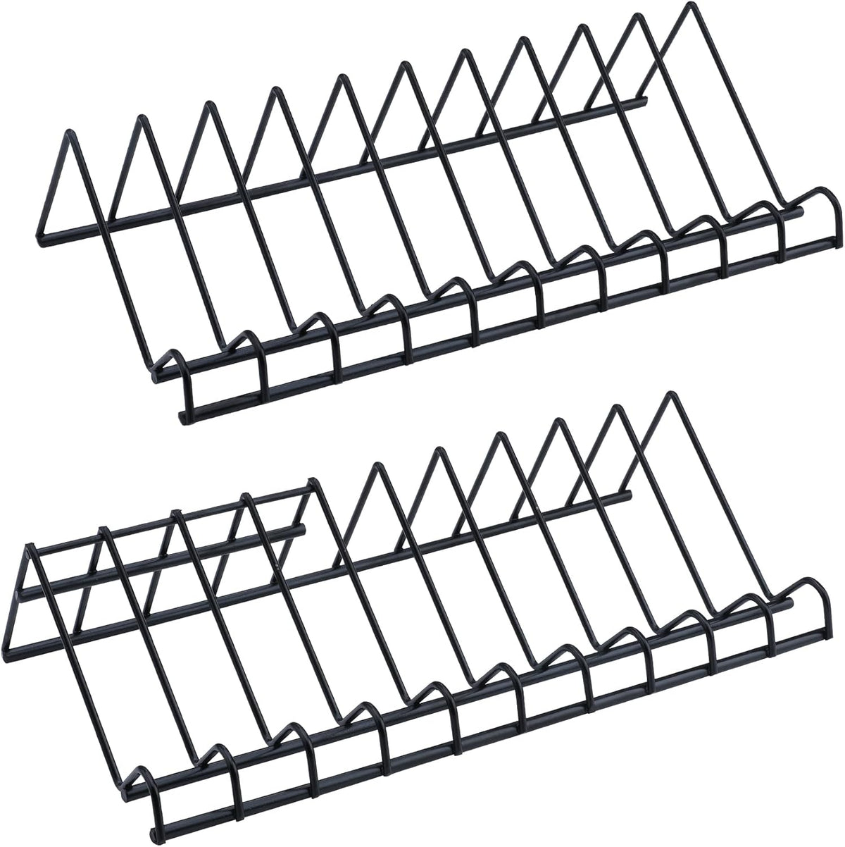 Black metal plier organizer rack with two levels of evenly spaced slots