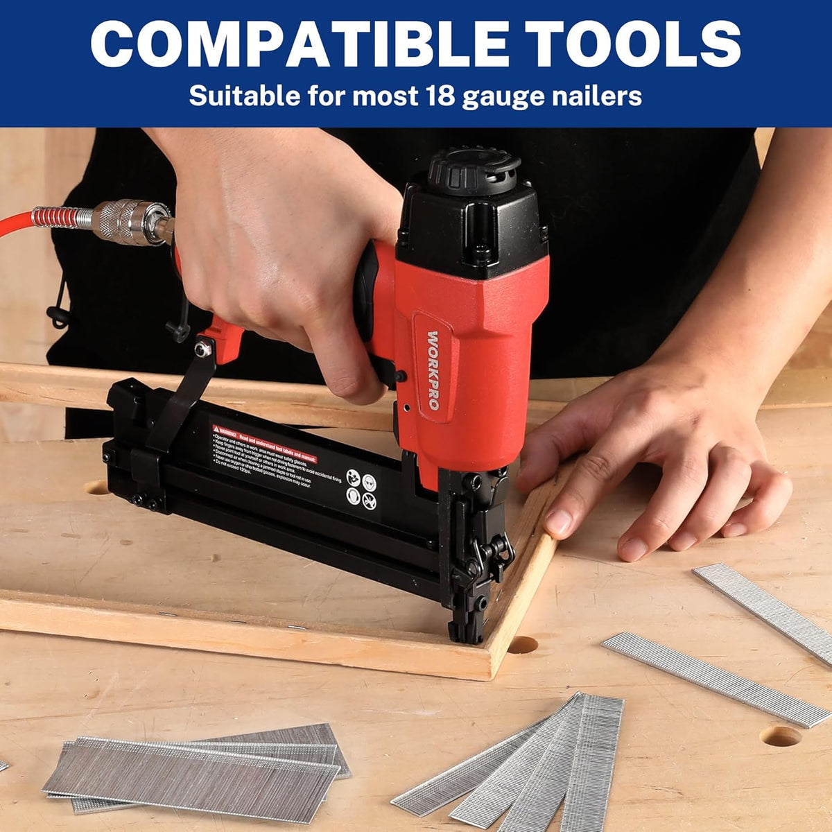 18-gauge brad nails loaded in a nail gun for fastening wood