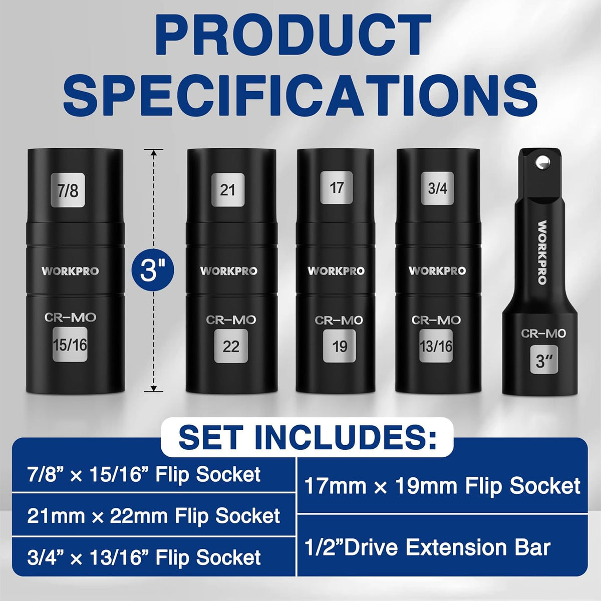 Black CR-Mo flip socket set with 1/2-in drive extension bar, 6 metric/SAE sockets