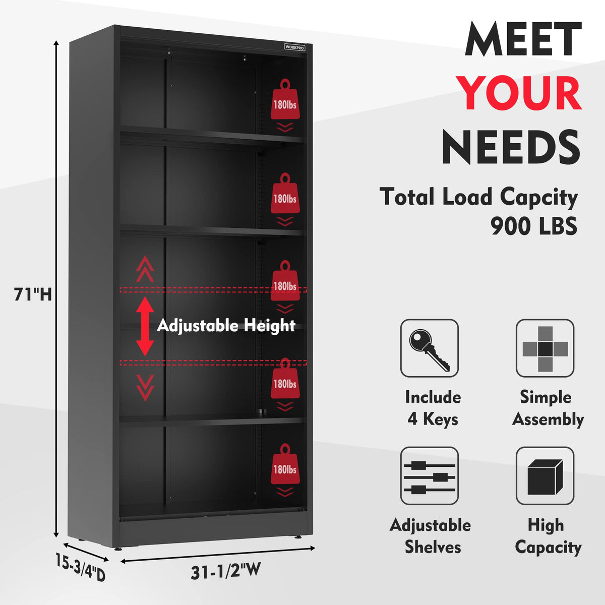 Black metal storage cabinet with adjustable shelves and reinforced door frame.