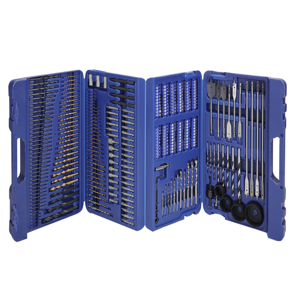 Workpro drill set in a blue molded storage case with designated compartments and organized accessories.