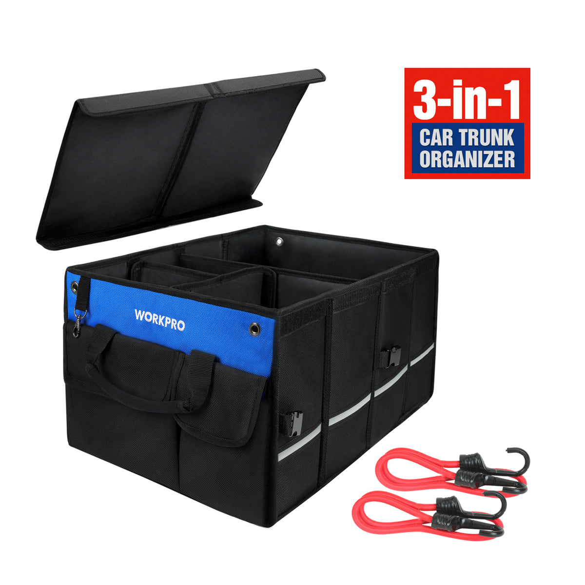 Workpro black car trunk organizer with 1200d Oxford cloth construction, measuring 23 inch x 16 inch x 12 inch