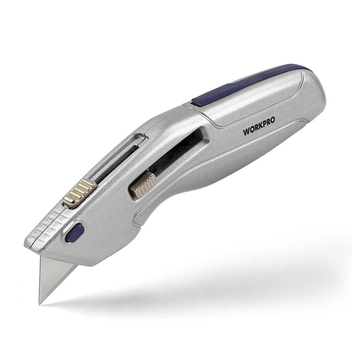 Workpro retractable utility knife with self-retracting safety blade, metallic silver finish and quick-change mechanism.