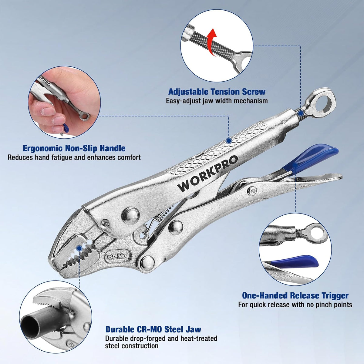 WORKPRO locking pliers with blue handles and adjustable jaw screw mechanism