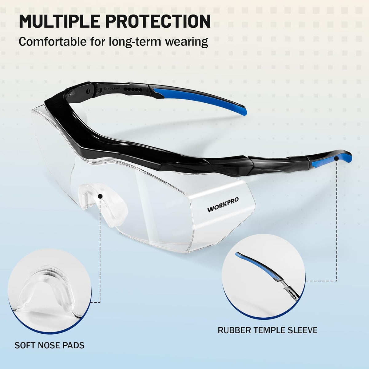 Clear safety goggles with soft nose pads and blue rubber temple sleeves