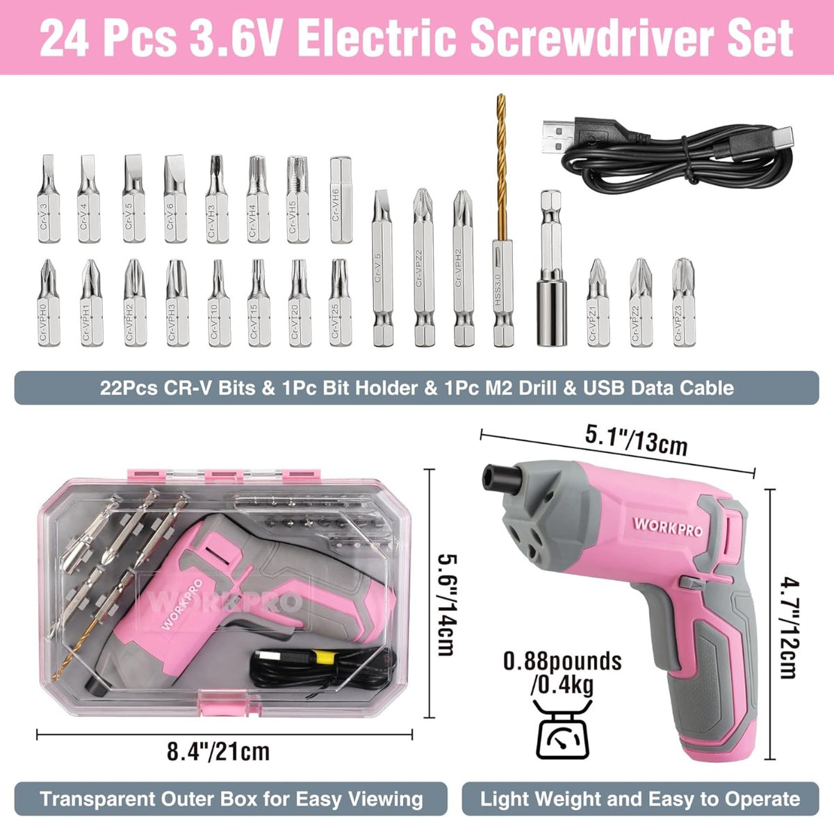Pink cordless electric screwdriver kit with 24 bits and transparent carrying case
