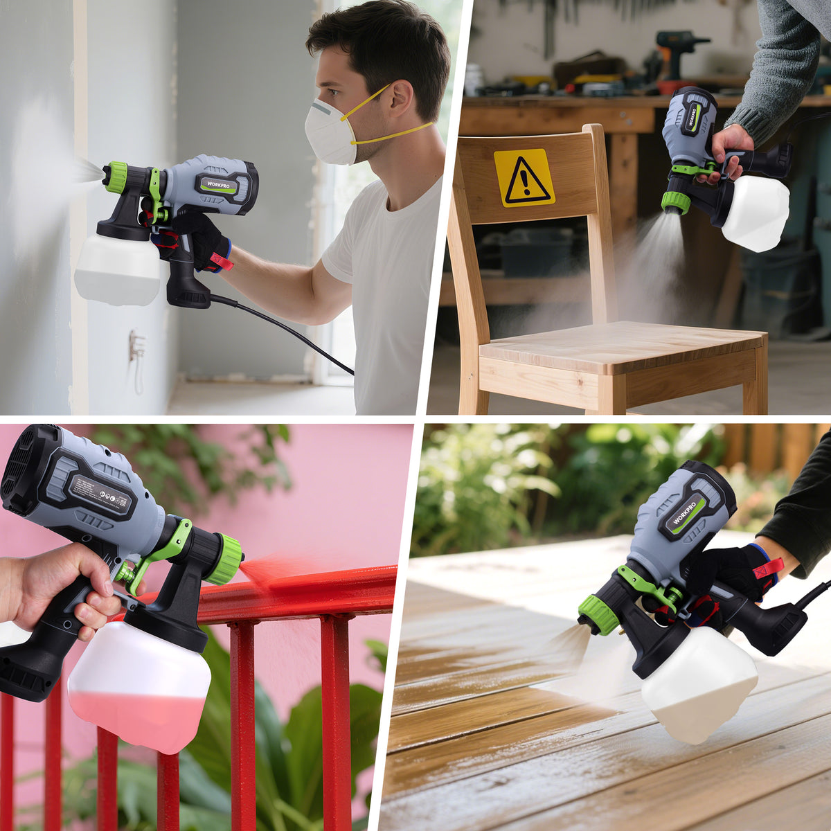 HVLP paint sprayer tool with green accents and white paint cup on a hose