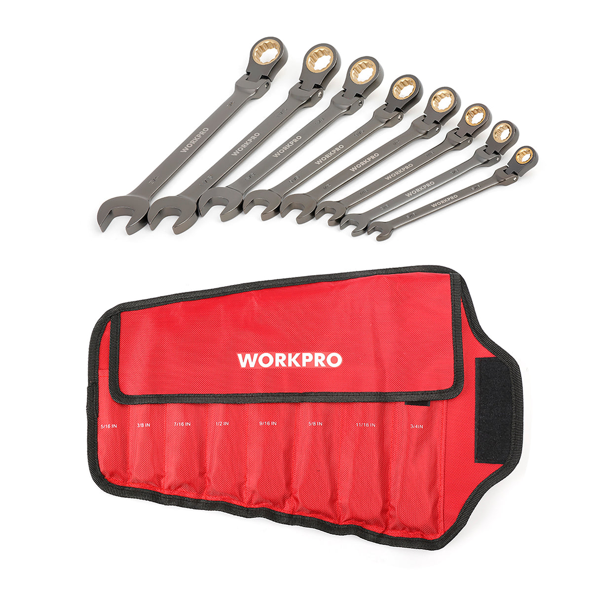 WORKPRO 8 Pcs Flex-Head ratcheting combination wrench set with organizer bag, durable quality and secure storage