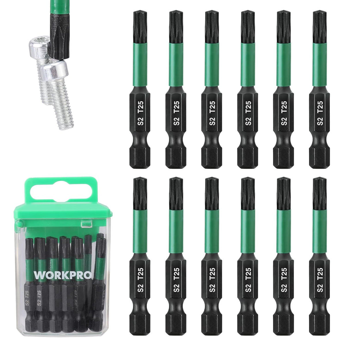 Torx impact bit set, green-and-black S2 bits with 1/4 in hex shank and storage box