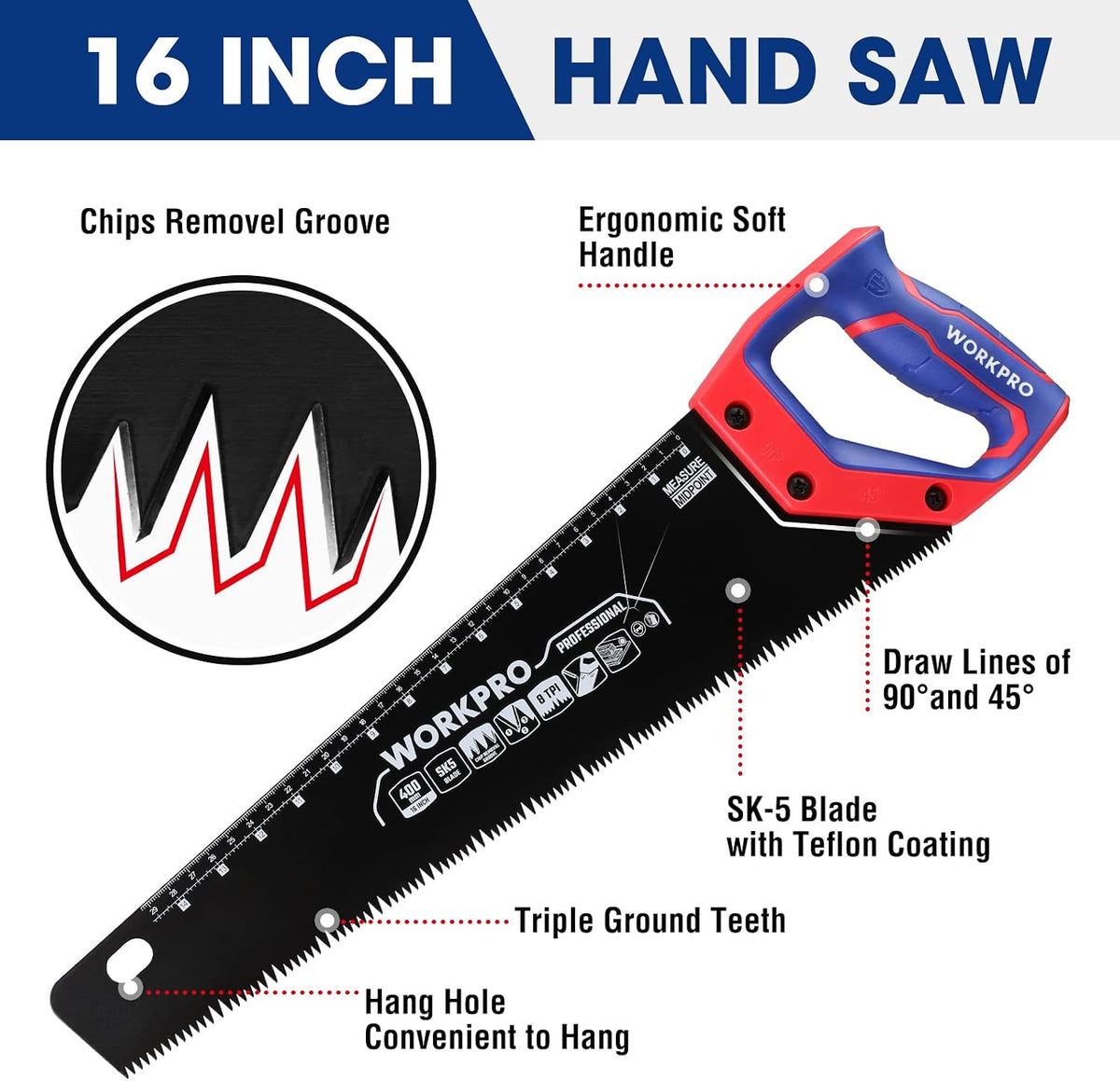 Workpro 16 inch universal handsaw with non-slip comfortable handle, red and blue grip, SK5 carbon steel blade