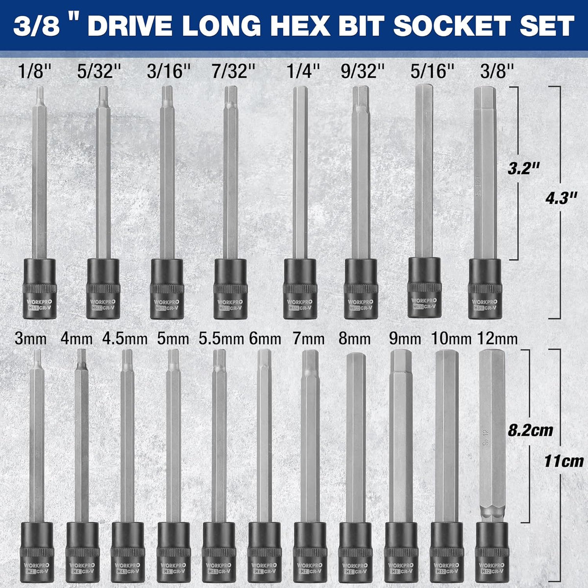 Long hex bit socket set showing multiple long bits and socket sizes, gray finish