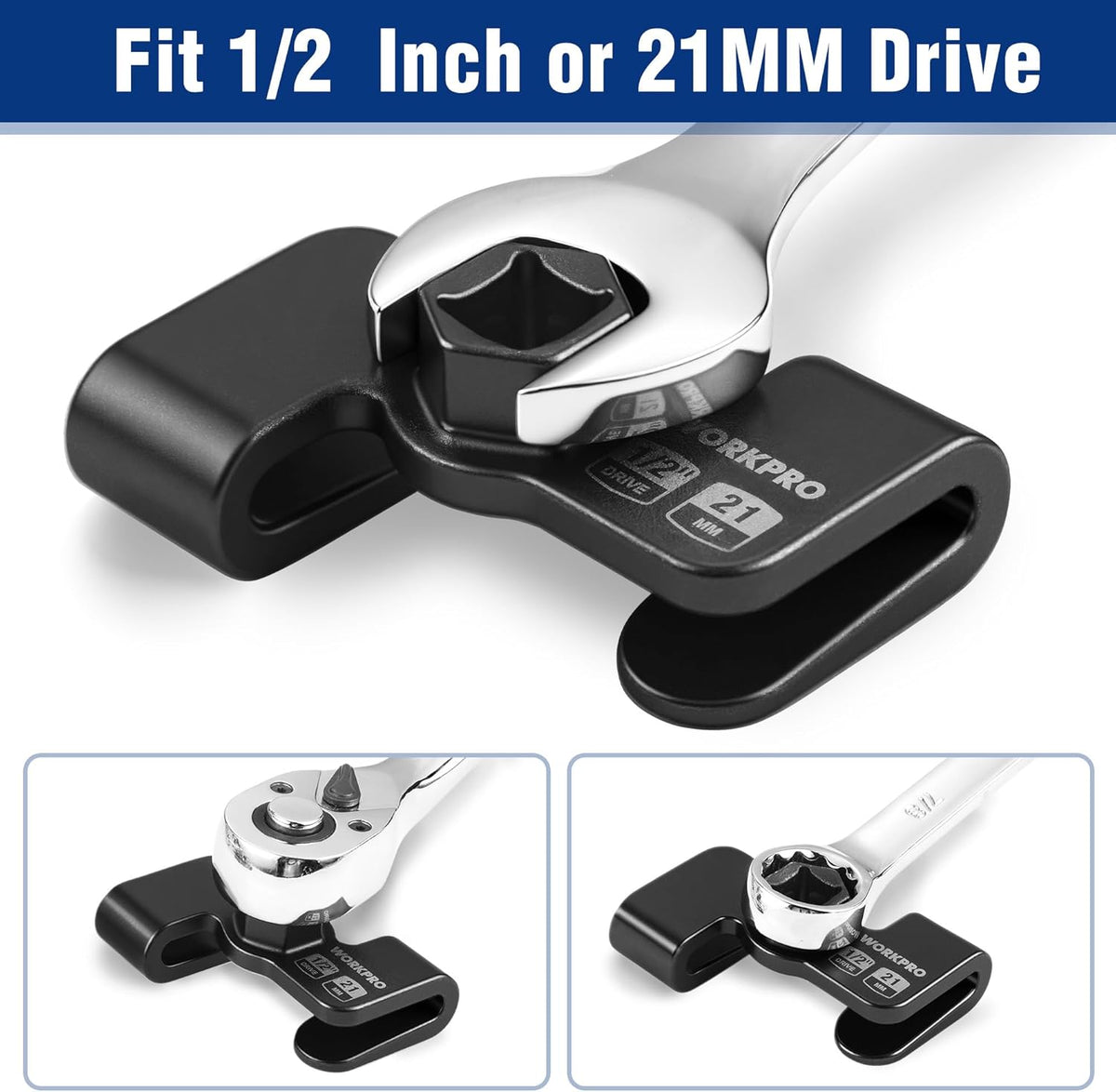 Black WORKPRO wrench extender with 1/2 in drive and 21 mm hex socket, angled view.
