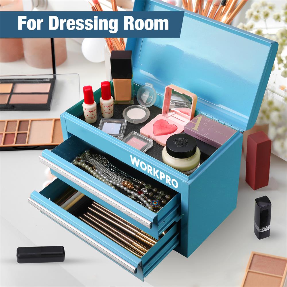 Blue mini tool box with two drawers and open top compartment with cosmetics
