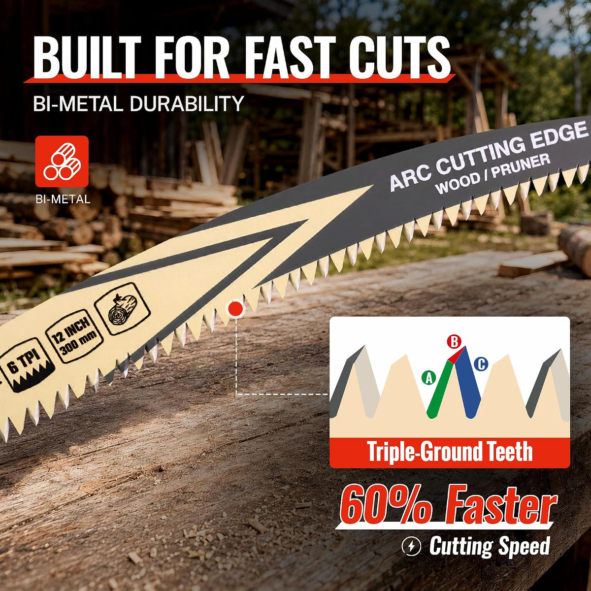 Workpro 12 inch arc edge bi-metal reciprocating saw blades, 3-pack with durable spring steel body and M42 high-speed steel