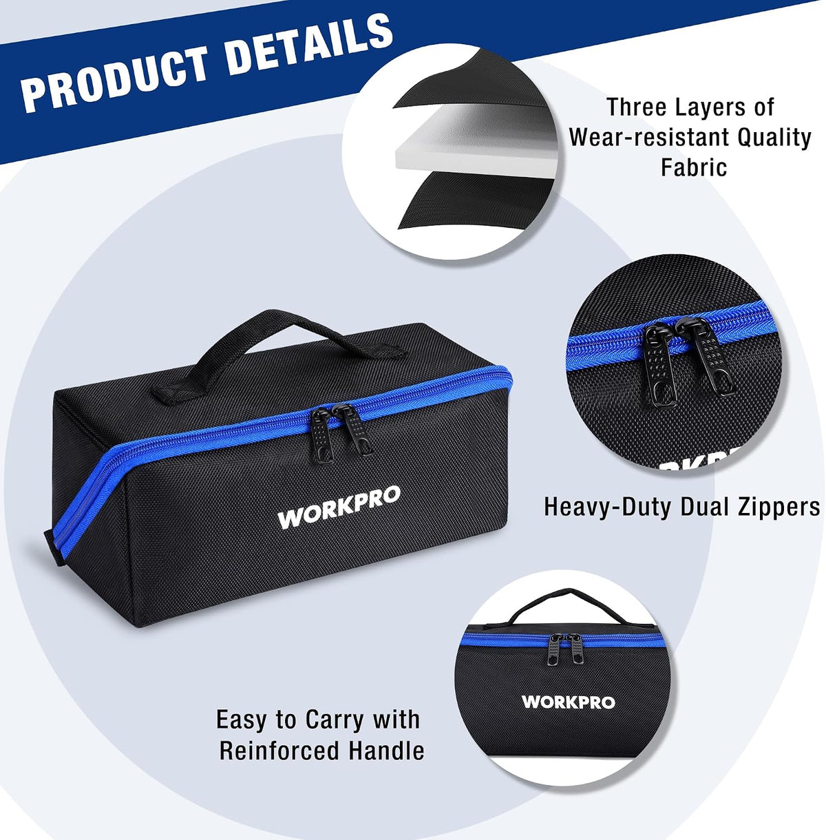 Workpro 10 inch wide mouth tool bag in black with blue trim, reinforced handle and 1680d Oxford fabric.
