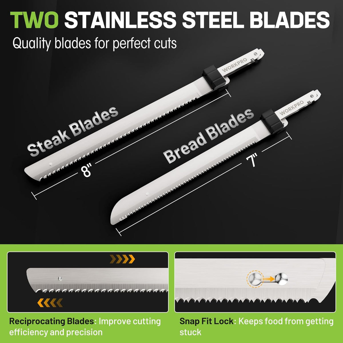 Cordless electric carving knife with two stainless steel blades: steak and bread
