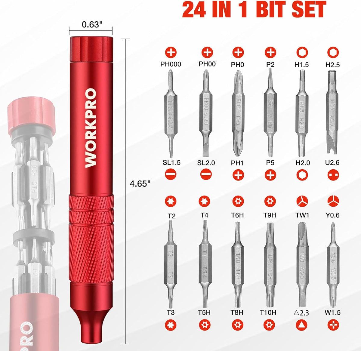 Red 24-in-1 bit mini screwdriver with assorted metal screwdriver bits