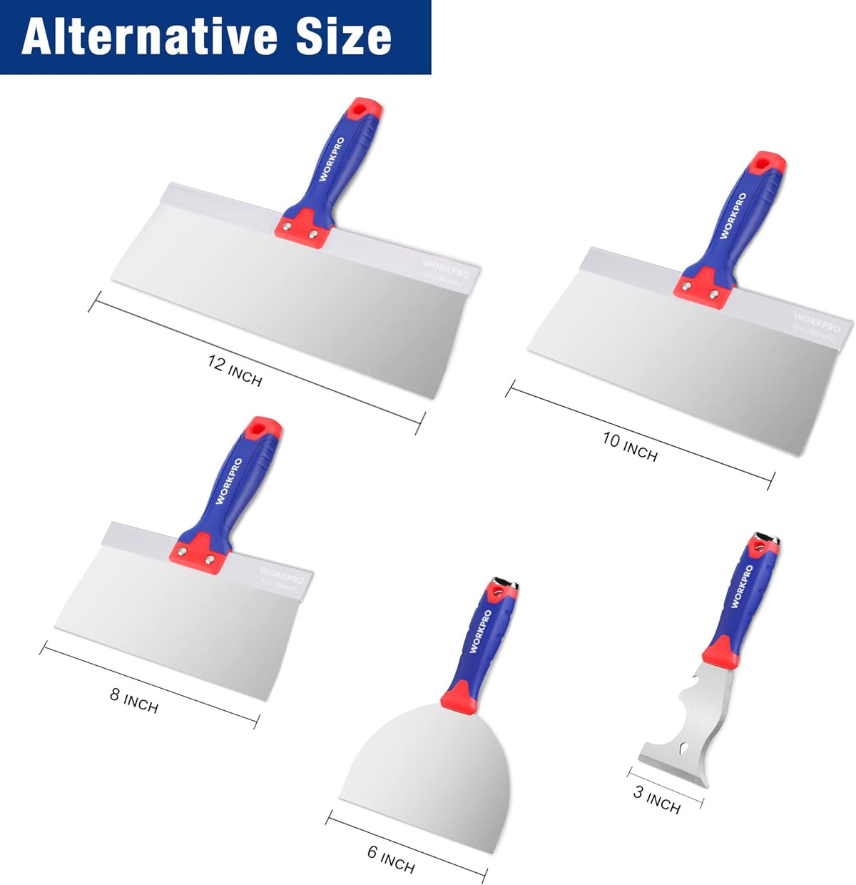 Multi-size putty knife and paint scraper set with blue handles and stainless blades