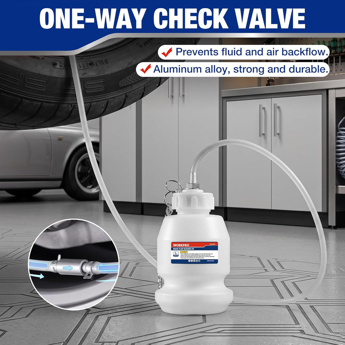 Brake bleeder reservoir bottle with clear hose and one-way check valve